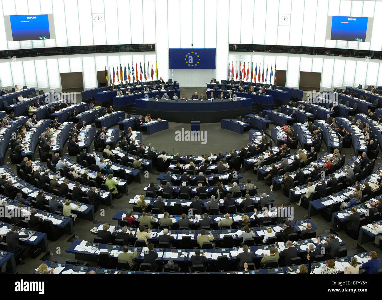Plenarsaal mit Abgeordneten des Europäischen Parlaments, Straßburg, Frankreich Stockfoto