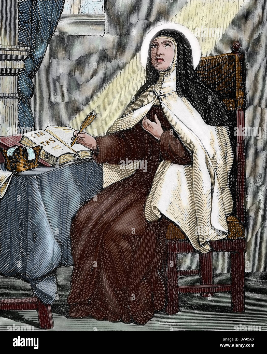 Teresa von Avila (1515-1582). Reformator des Karmeliter-Ordens. Kupferstich von Capuz. Farbige. Stockfoto