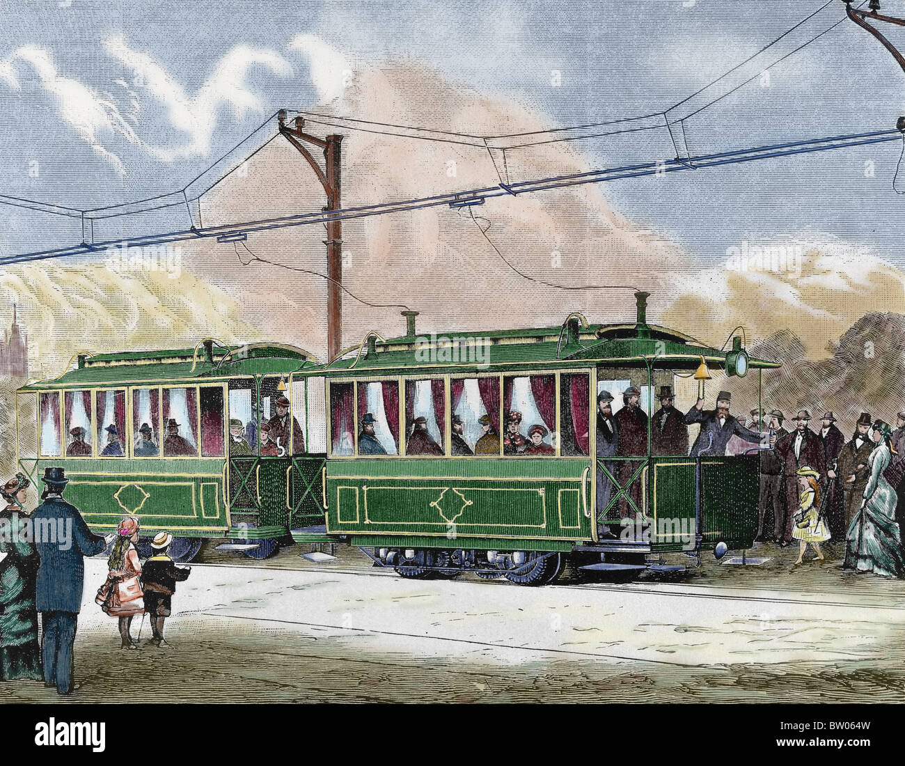 Elektrische Straßenbahn. 19. Jahrhundert farbigen Gravur. Stockfoto
