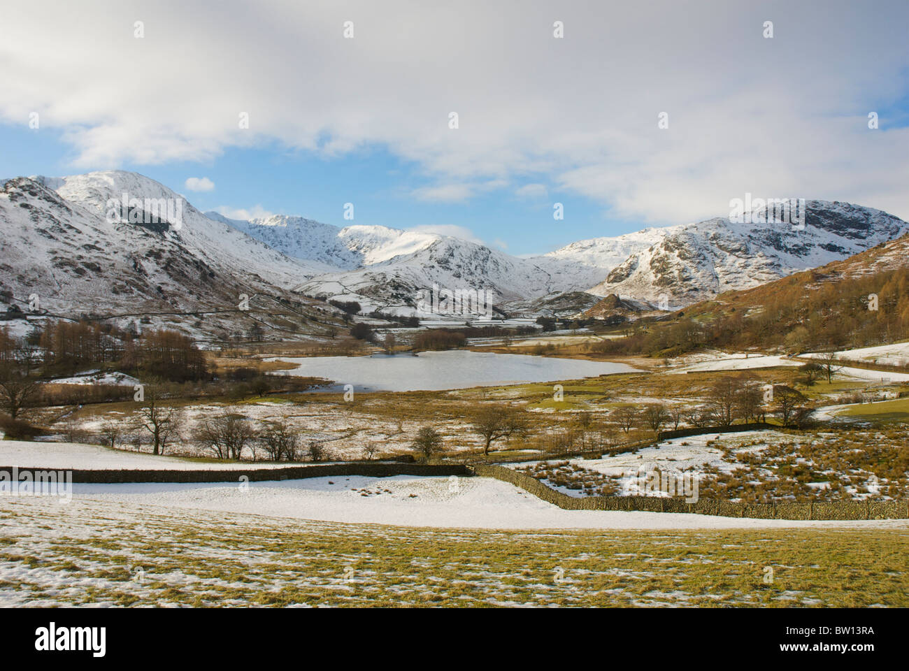 Wenig Langdale Tarn im Winter, Nationalpark Lake District, Cumbria, England UK Stockfoto