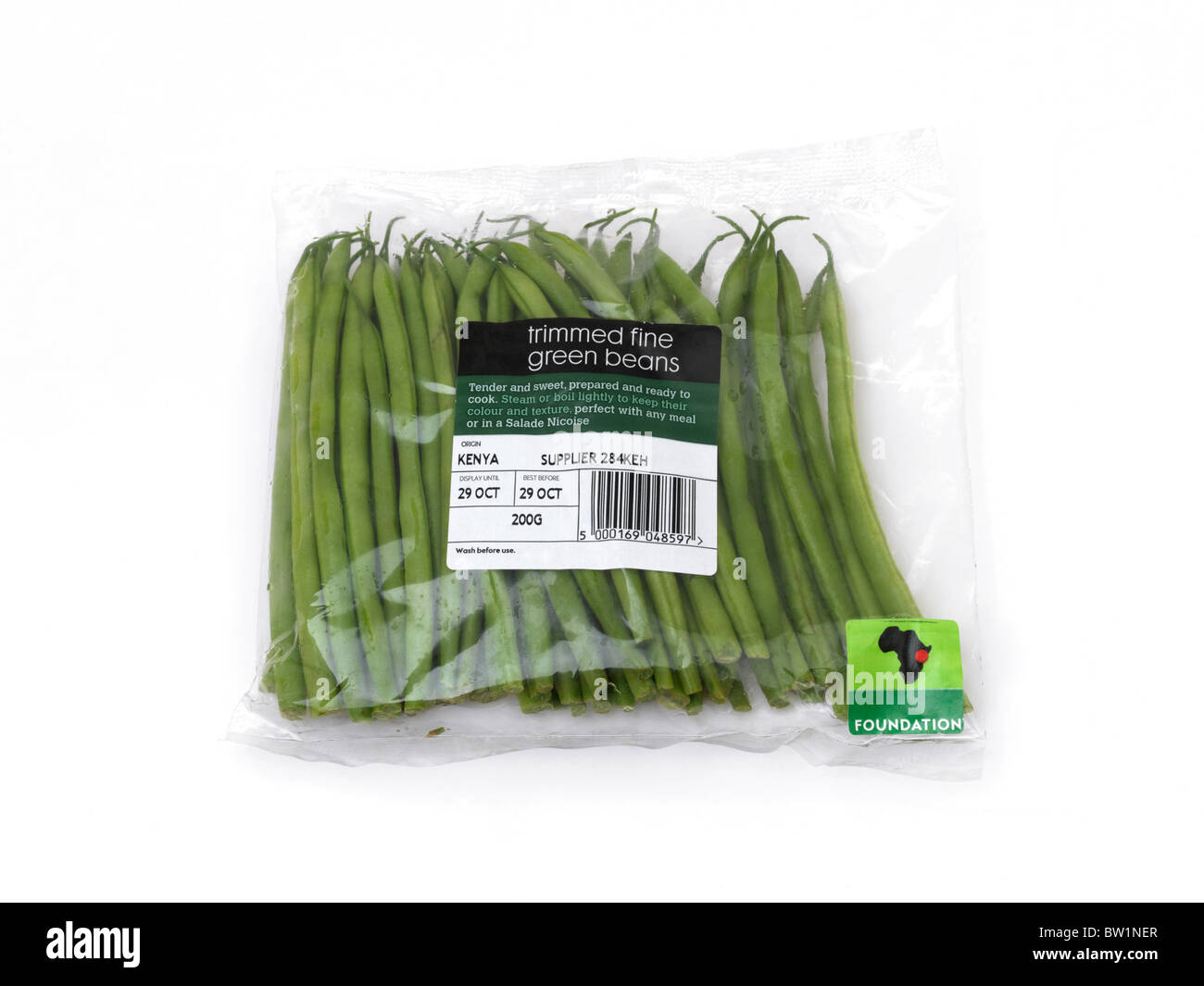 Paket der grünen feinen Bohnen aus Kenia Stockfoto