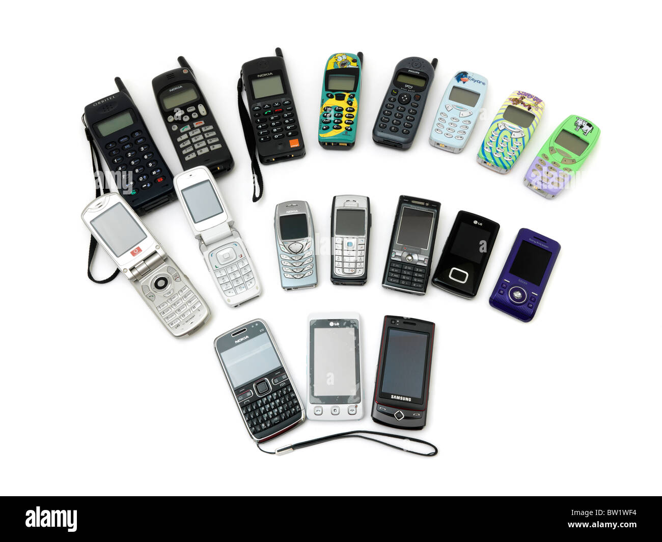 Alte und neue Handys aufgefächert, Nokia, LG, Samsung, Motorola, Phillips, SonyEricsson Stockfoto