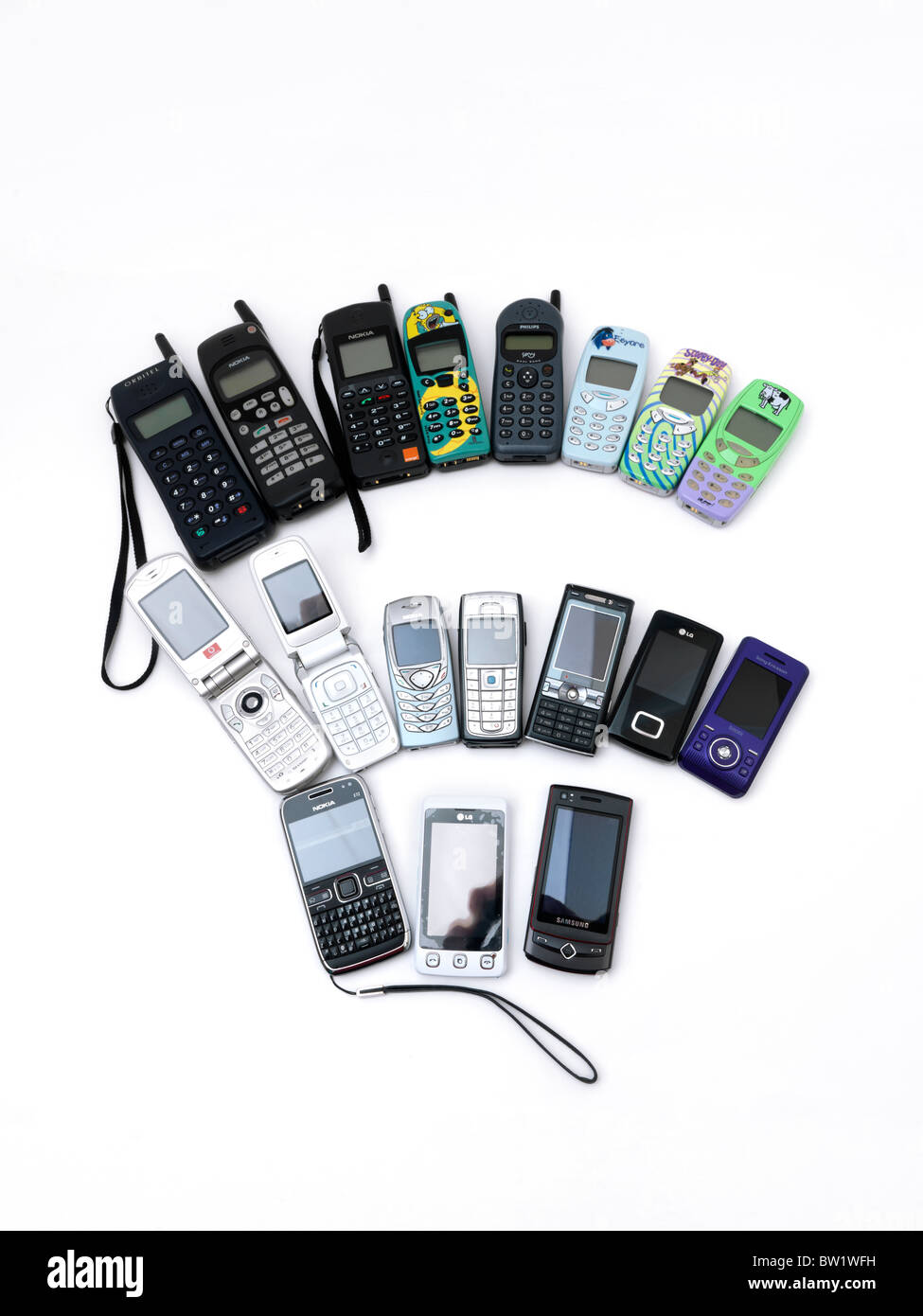 Alte und neue Handys aufgefächert, Nokia, LG, Samsung, Motorola, Phillips, SonyEricsson Stockfoto