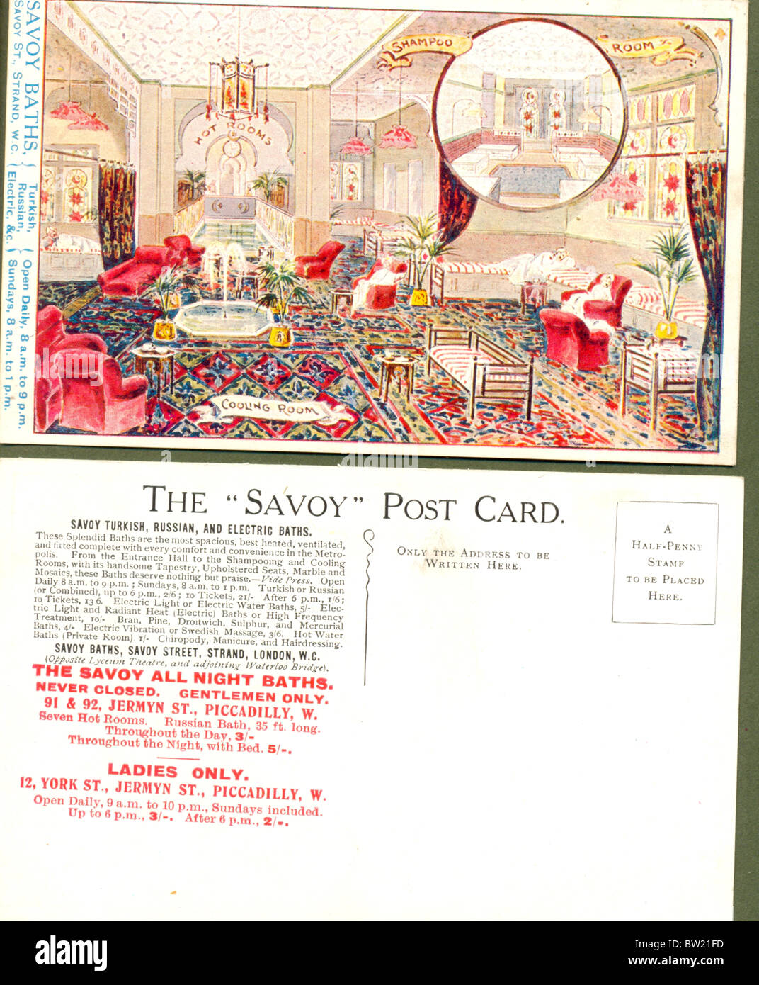 Werbe Postkarte für die Savoy-Bäder Stockfoto