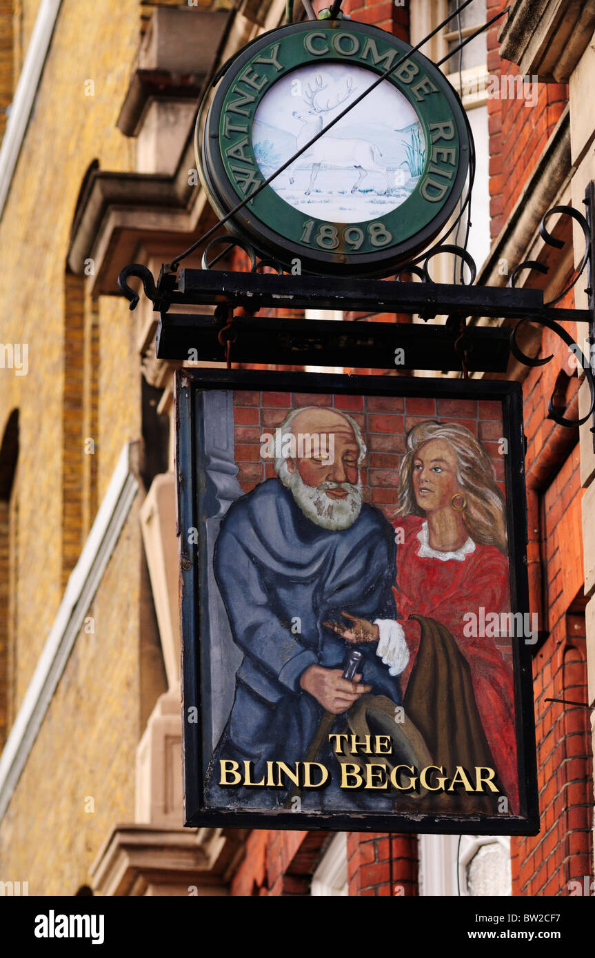 Der blinde Bettler Pub Schild, Whitechapel Road, London, England, UK Stockfoto