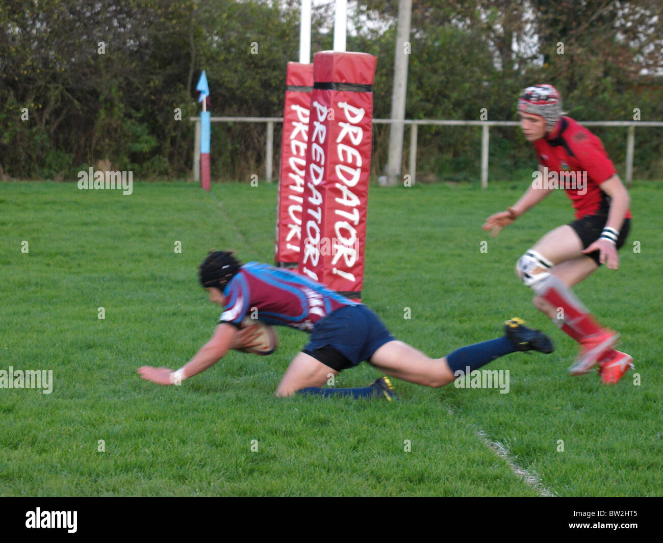 Scoring einen Versuch, Amateur Rugby Spiel, Bude, Cornwall, UK Stockfoto