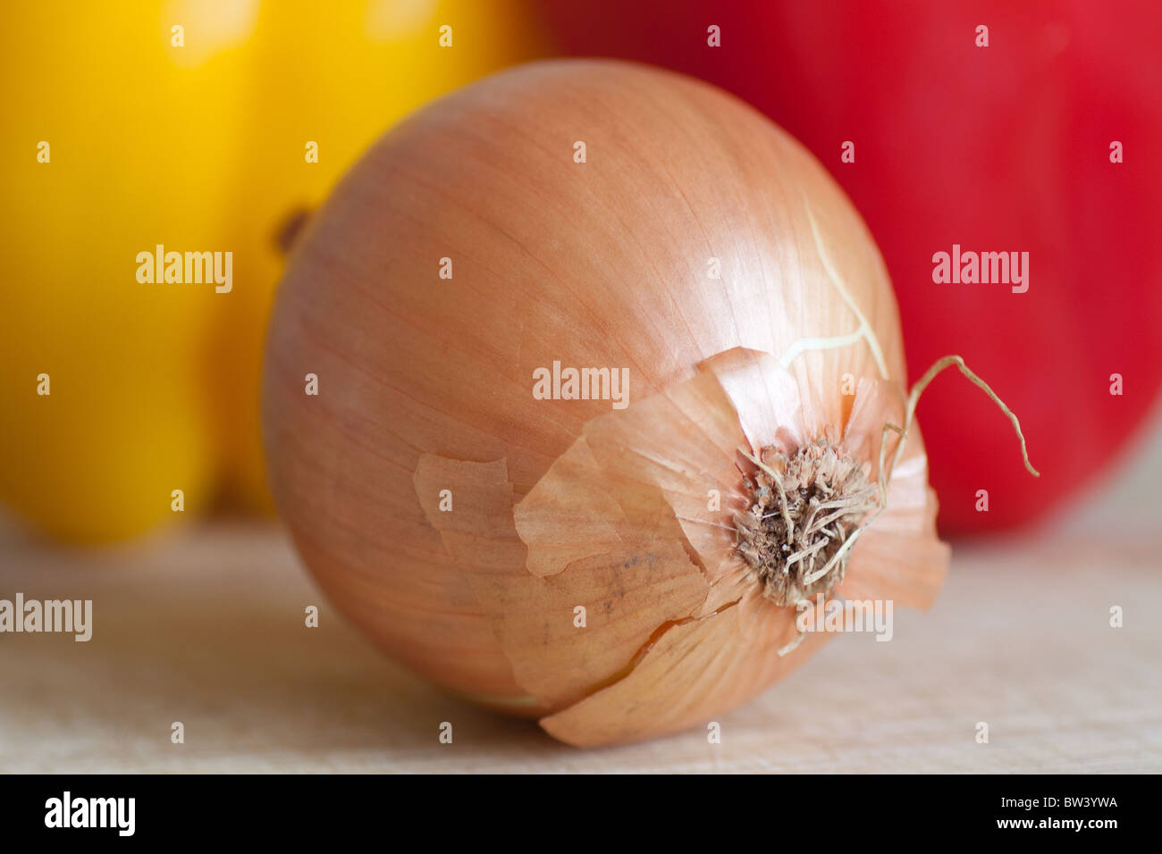 Zwiebel mit roten und gelben Paprika im Hintergrund Stockfoto