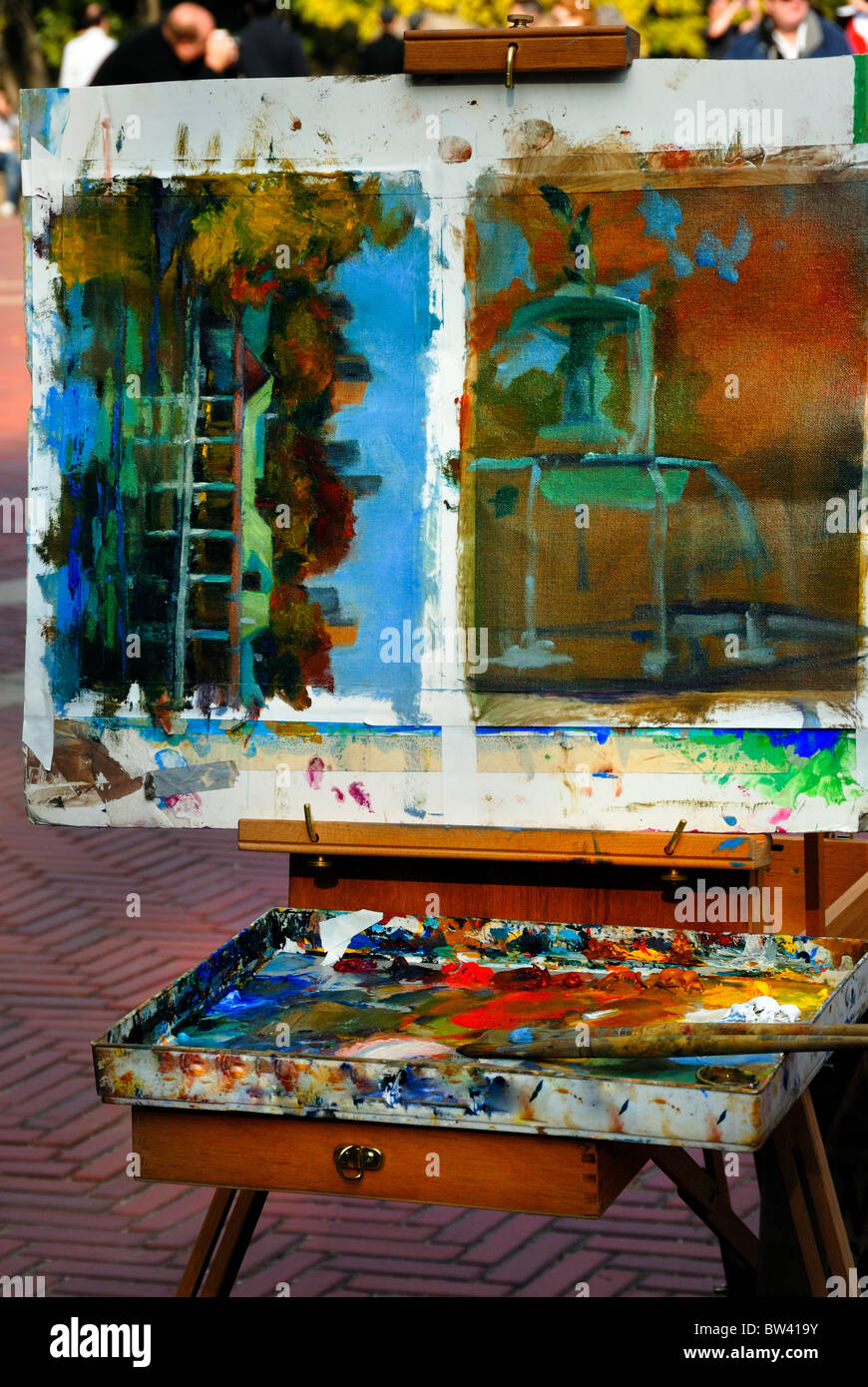 Die Palette der Künstlerin Malerei Brunnen und Boot Haus im Central Park, Bethesda Terrasse, New York City. Stockfoto