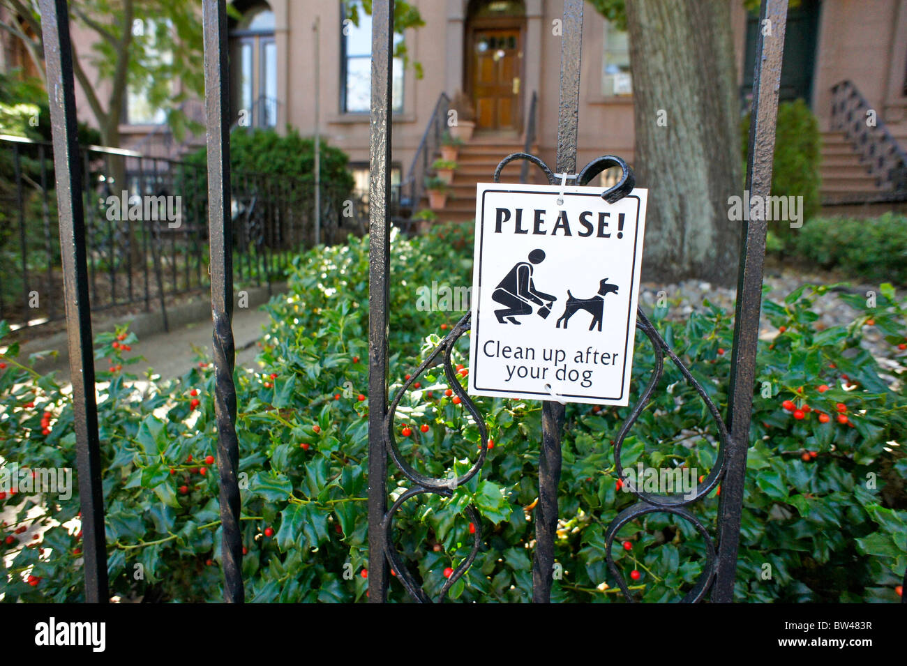 Ein Schild vor einem braunen Stein Haus in Brooklyn, New York fragt Leute zu bereinigen, nachdem ihre Hunde. Stockfoto