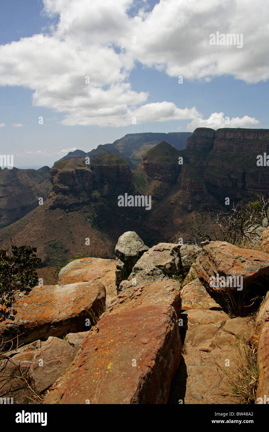Die drei Rondavels, Blyde River Canyon, Bestandteil der Drakensburg Böschung und die Panorama Route, Mpumalanga, Südafrika. Stockfoto