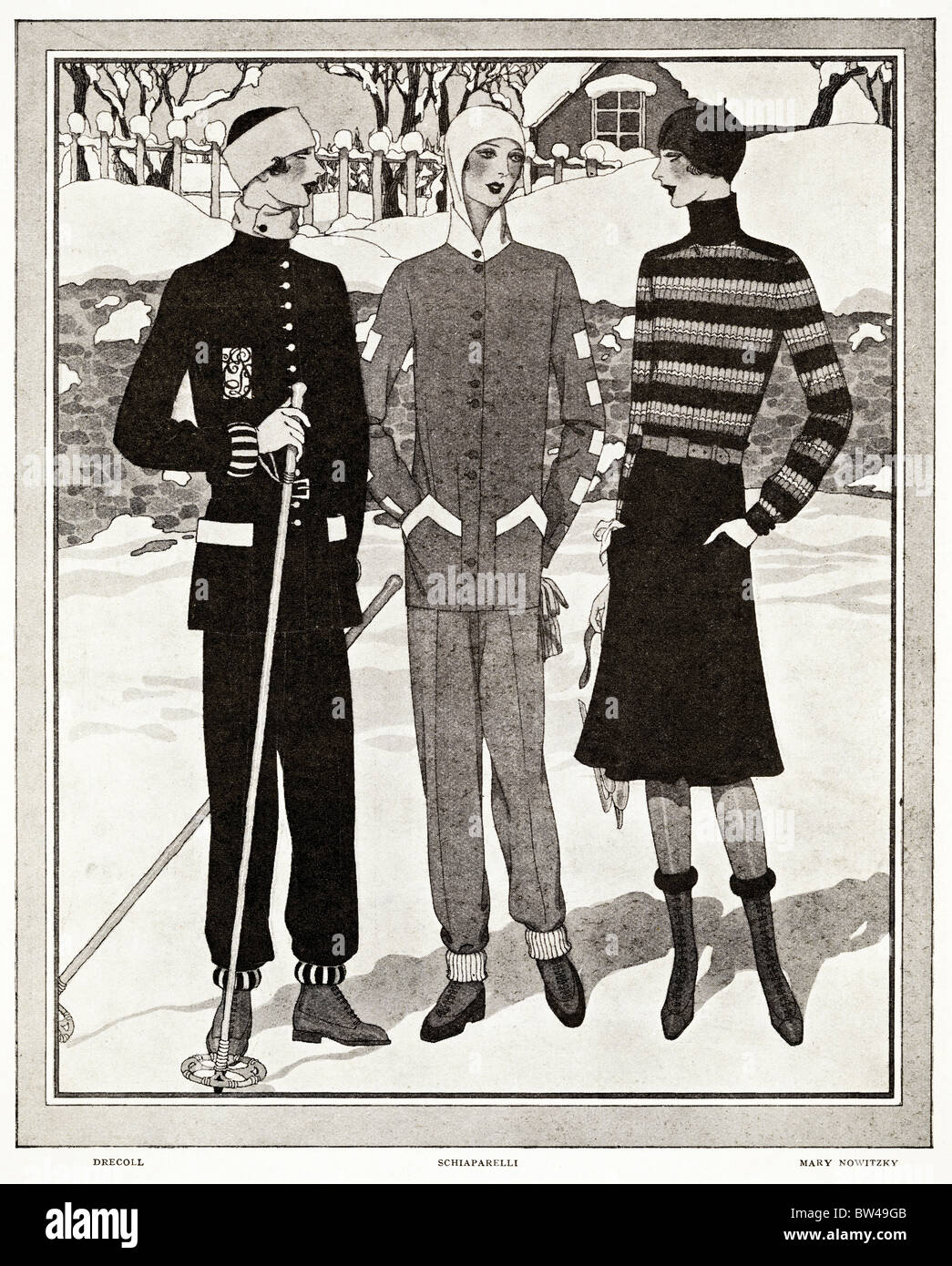 1928-Magazin-Mode Illustration von Kleidung für den Wintersport von Designern (l-R) Drecoll, Schiaparelli & Mary Nowitzky Stockfoto