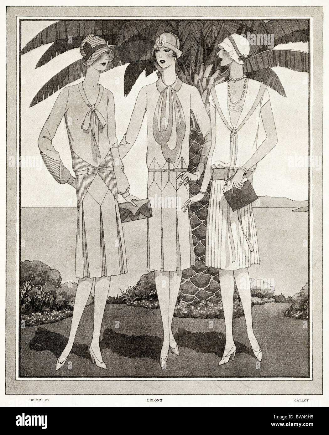 1928-Magazin-Mode Illustration von Kleidung für eine Riviera Winterurlaub von Designern (l-R) Doeuillet, Lelong und Callot Stockfoto