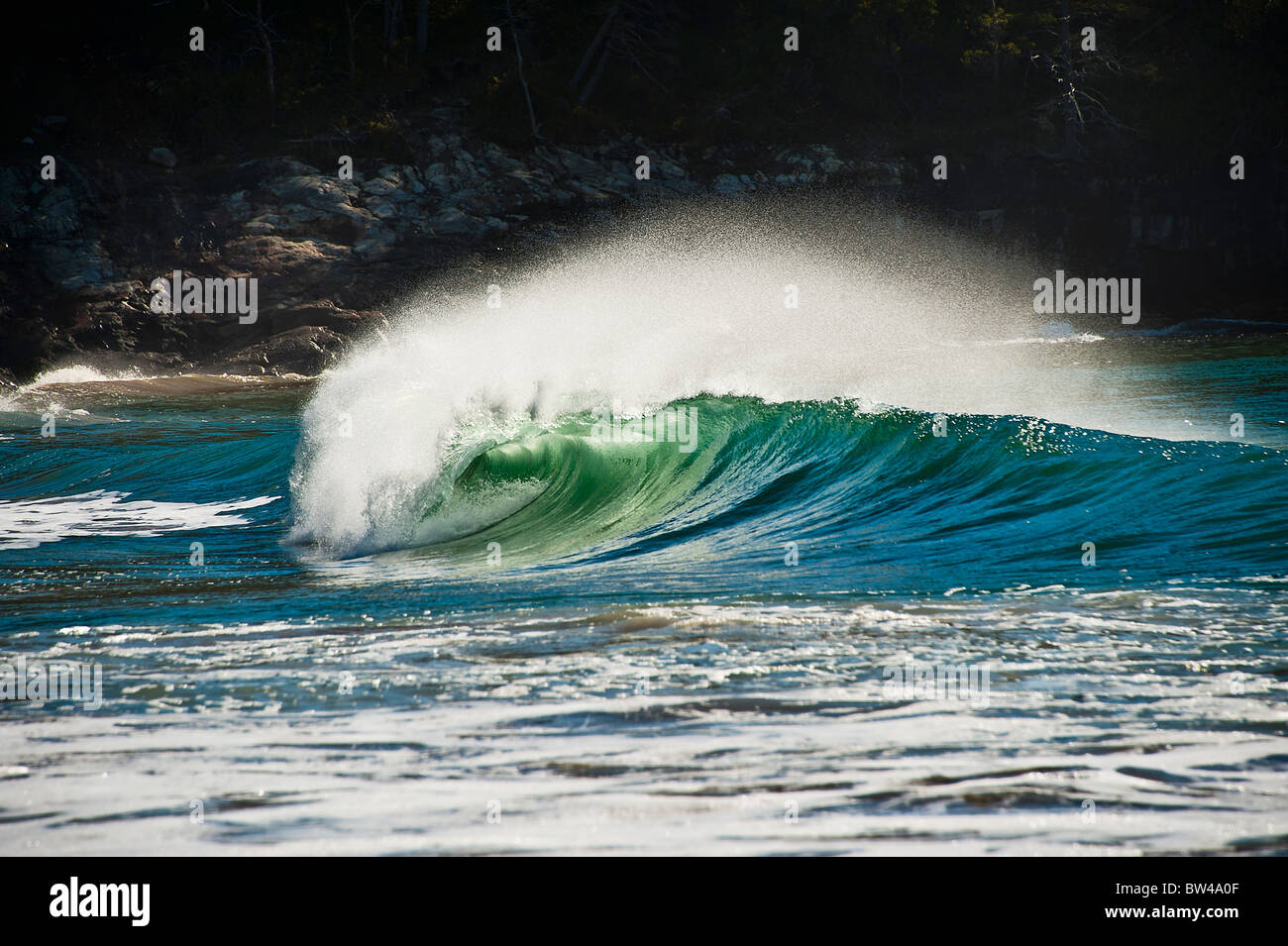 Welle brechen, Sandstrand, Acadia NP, Maine, USA Stockfoto