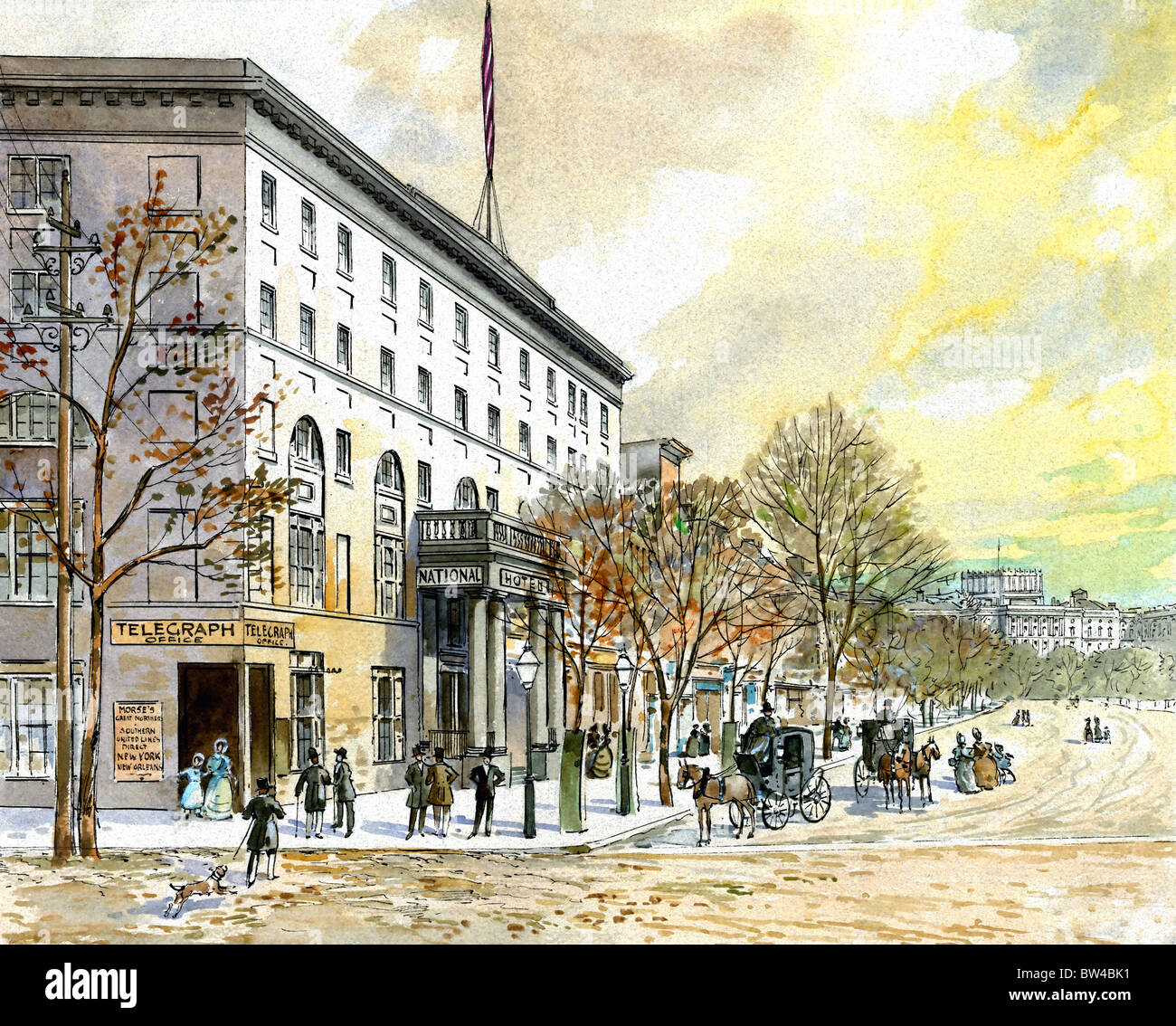 Ansicht von Washington, Pennsylvania Avenue in Richtung unvollendete Capitol blickte. National Hotel auf der linken Seite, um 1860 Stockfoto