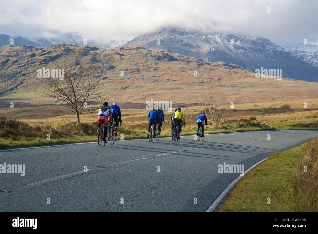 Gwynedd North Wales UK Cycling Club-Mitglieder auf einer öffentlichen Straße in Snowdonia-Nationalpark Stockfoto