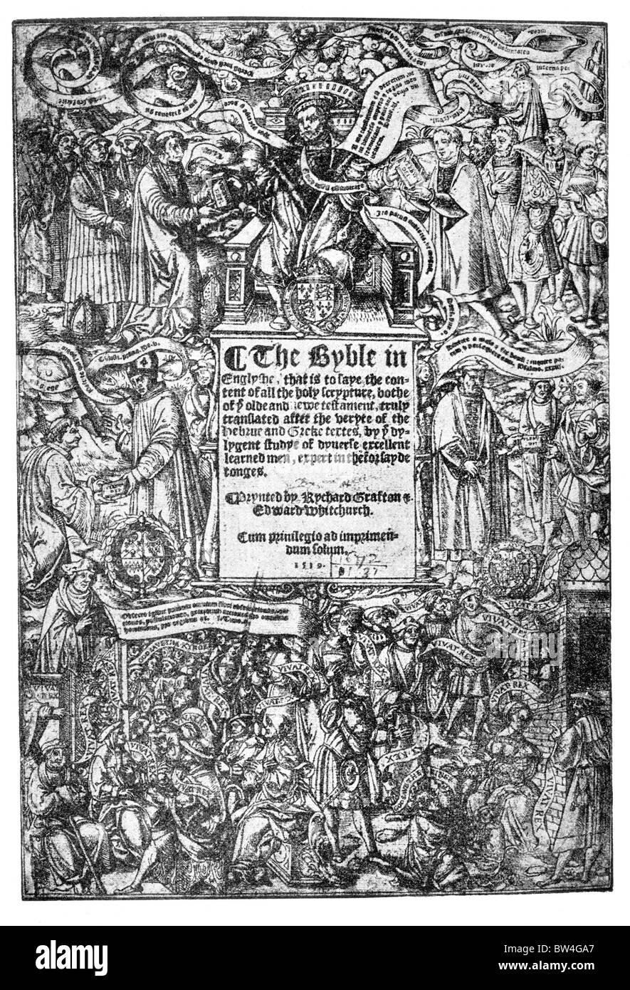 Titelblatt des The Great Bible, die erste autorisierte Ausgabe in englischer Sprache, 1539; Schwarz und weiß-Abbildung; Stockfoto