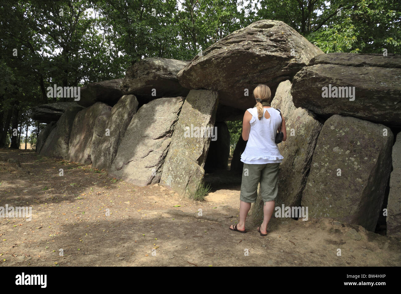 Die enorme Dolmen von Roche-Aux-antichauvinistischen (Feen-Felsen) in der Bretagne, Frankreich. Stockfoto