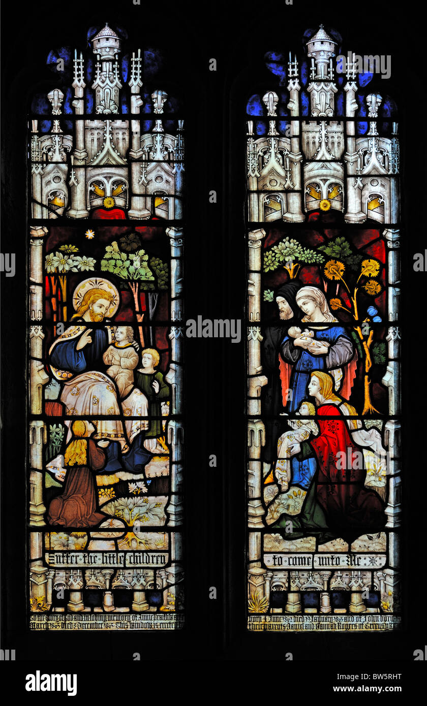 Christus segnet die Kinder, Langhaus Süd Gang Fenster. Kirche von St. Michael. Lamplugh, Cumbria, England, Großbritannien, Europa. Stockfoto