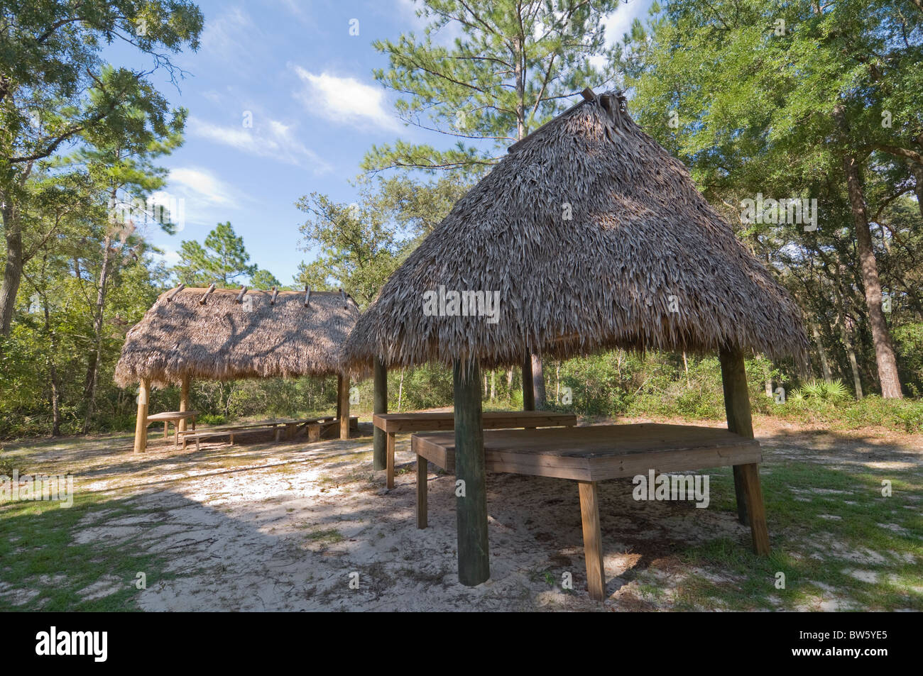 Silver River State Park Ocala Florida Cracker Village Chickees im indischen Areal Stockfoto