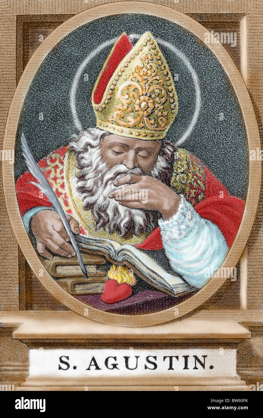 Augustinus (354-430). Afrikanischer Bischof, Arzt und Vater der Kirche. Farbige Gravur. Stockfoto