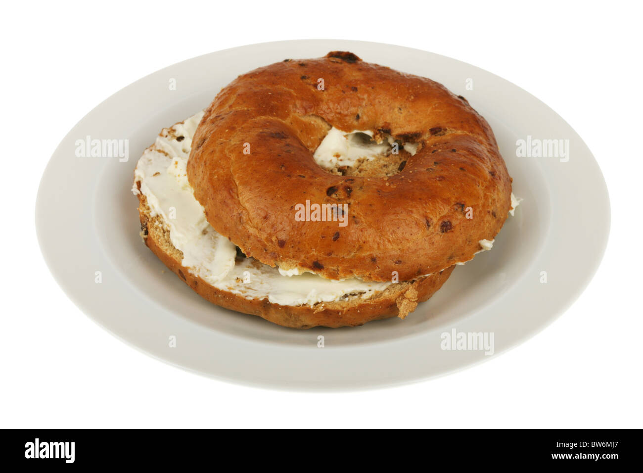 Zimt und Rosinen Bagel mit Frischkäse Stockfoto