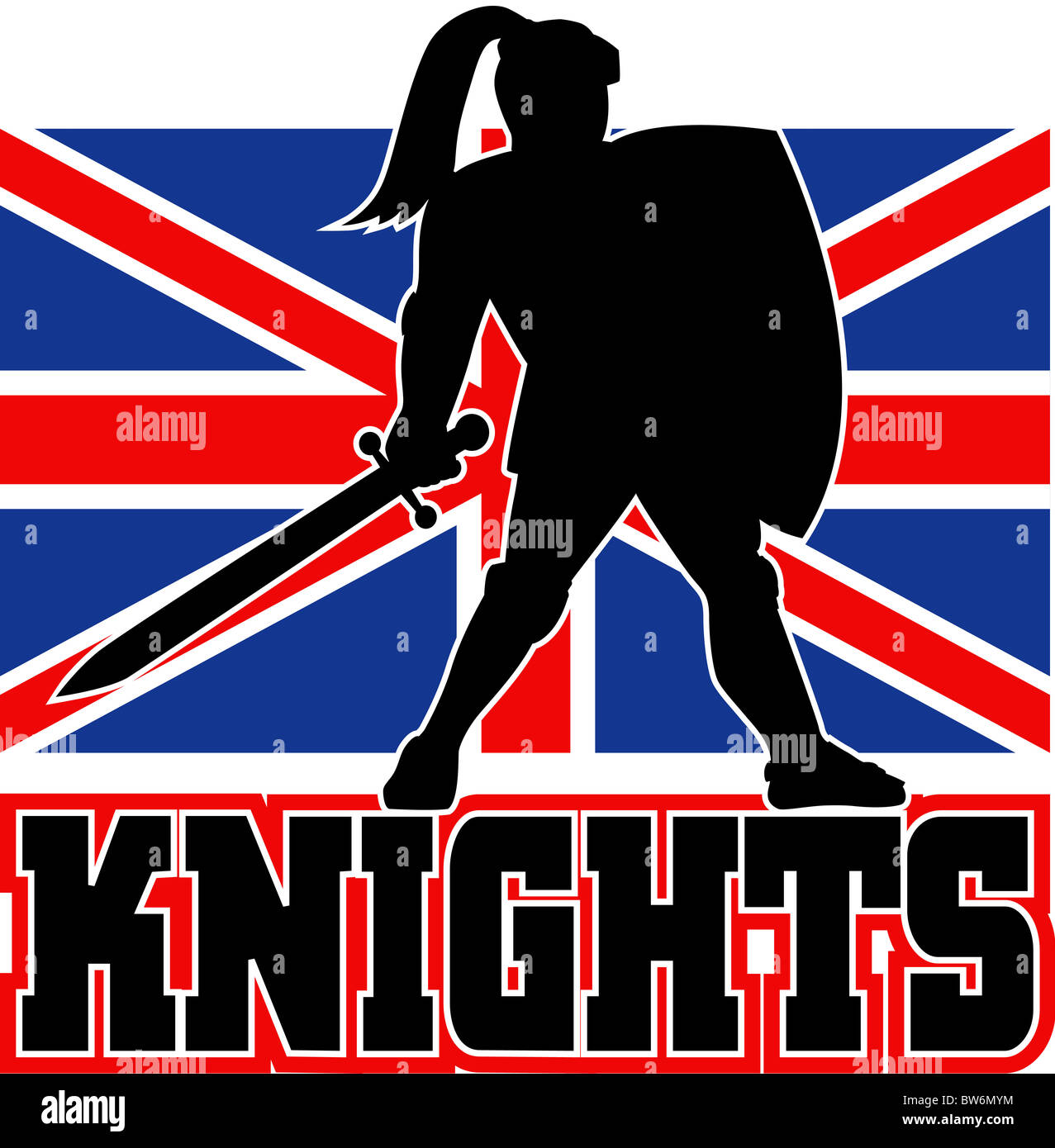 Abbildung einer Ritter-Silhouette mit Schwert und Schild zugewandten Seite mit GB Großbritannien britische Union Jack Flagge Hintergrund Stockfoto