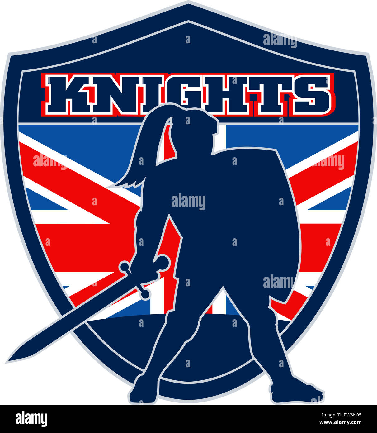 Abbildung einer Ritter-Silhouette mit Schwert und Schild zugewandten Seite mit GB Großbritannien britische Union Jack Flagge Hintergrund Stockfoto