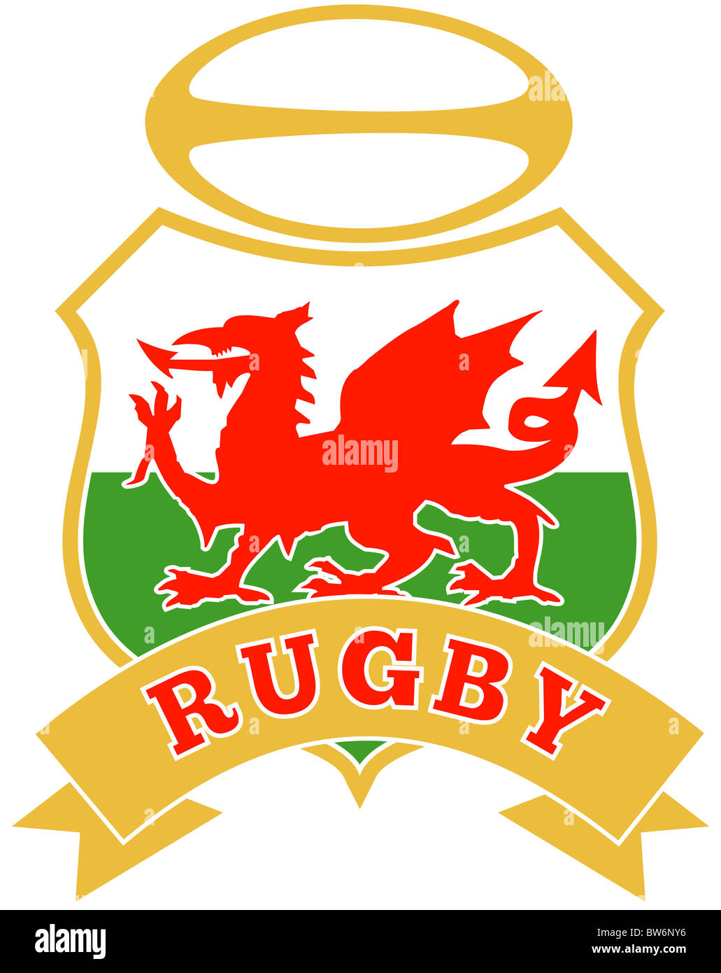 Abbildung eines roten Welsh Wales Drachen mit Rugby-Ball in Schild auf weißem Hintergrund Stockfoto