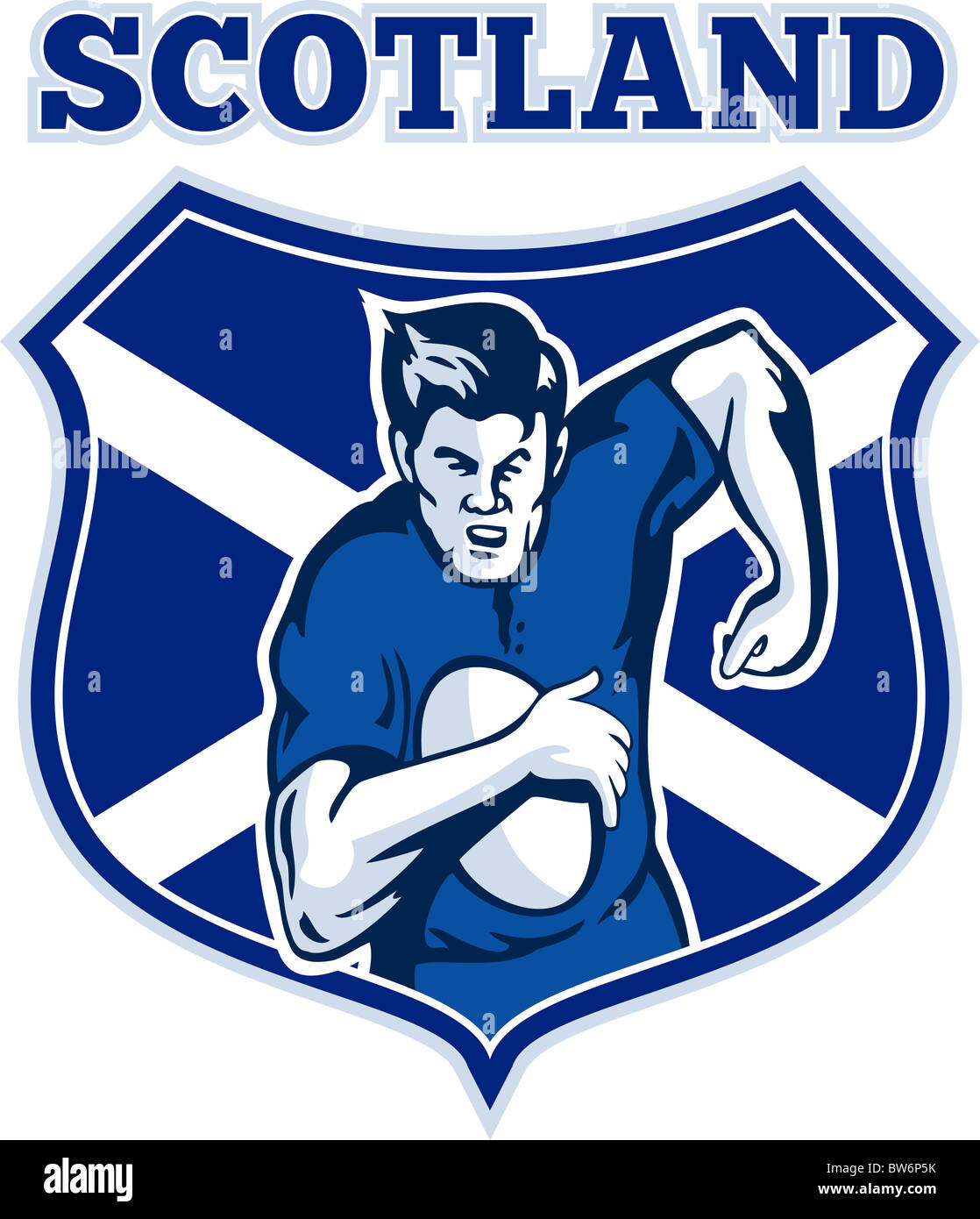 Abbildung eines schottischen Rugby-Spieler läuft mit dem Ball, mit Blick auf die Vorderansicht mit Schottland Flagge Schild im Hintergrund Stockfoto