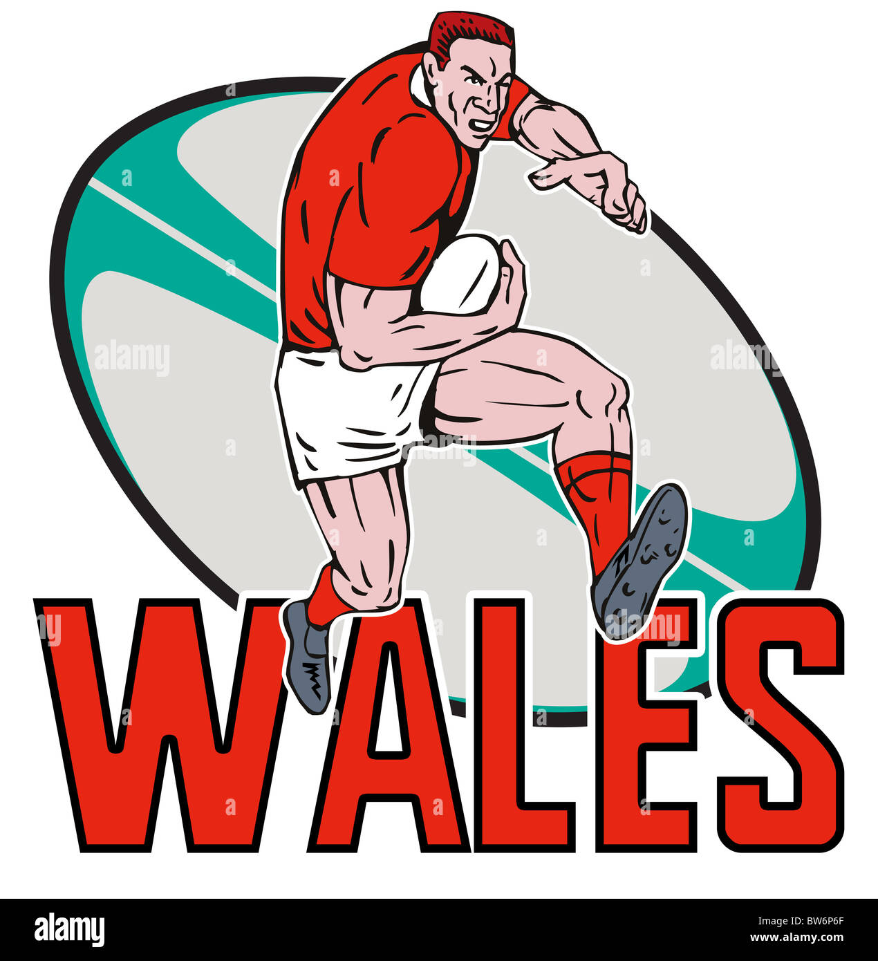 Beispiel für ein Cartoon Welsh Rugby-Spieler mit Ball im Hintergrund und die Worte "Wales" ablaufen Abwehr Stockfoto