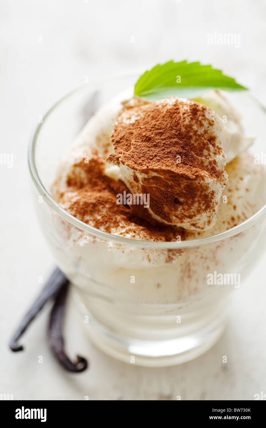 frische Vanille-Mousse mit Kakao-Pulver als Garnierung Stockfoto