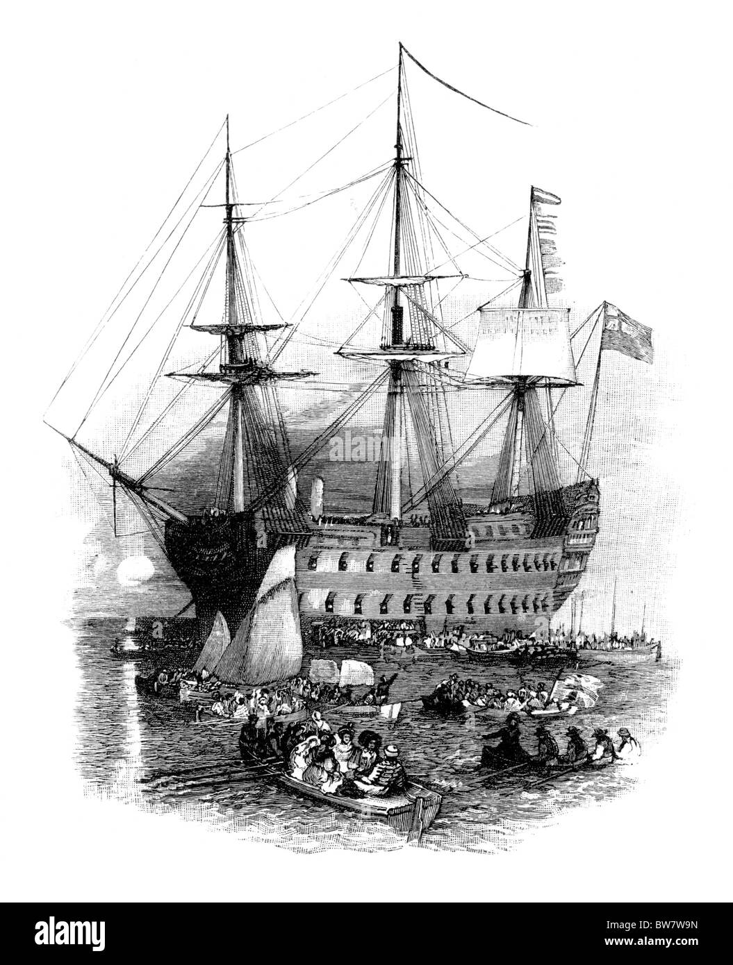 HMS Bellerophon, das Schiff, das nach der Schlacht bei Waterloo Napoleon nach England durchgeführt; Schwarz und weiß-Abbildung; Stockfoto