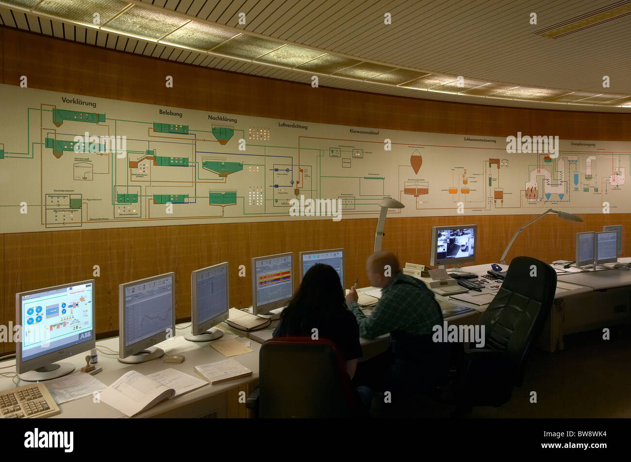 Mitarbeiter im Innendienst Steuerung der Kläranlage Ruhleben, Berlin, Deutschland Stockfoto