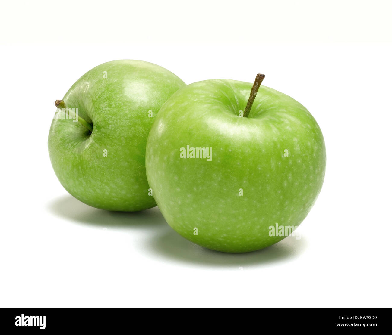 zwei grüne Granny Smiths Äpfel für ausgeschnitten Stockfoto