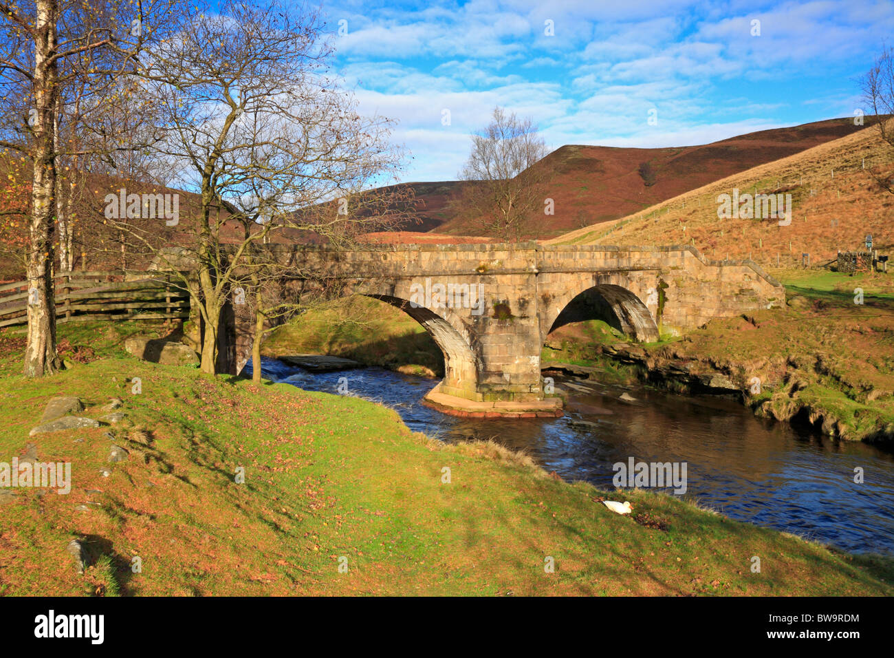 Rutschigen Steinen Lastesel Brücke, Fluss Derwent, Upper Derwent Valley, Peak District National Park, Derbyshire, England, UK. Stockfoto