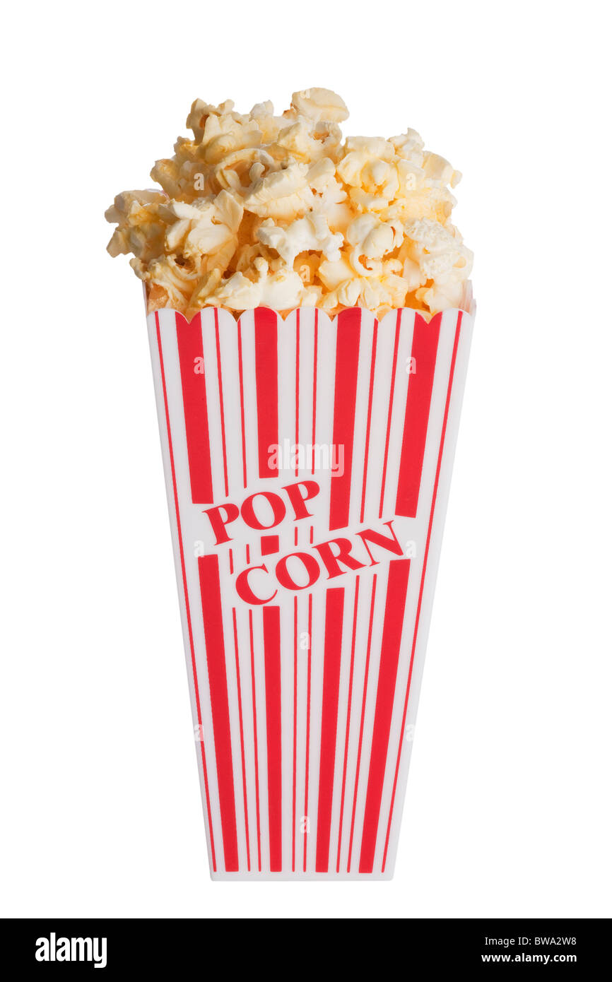 Schachtel mit Popcorn isoliert auf einem weißen Hintergrund mit einem Beschneidungspfad Stockfoto