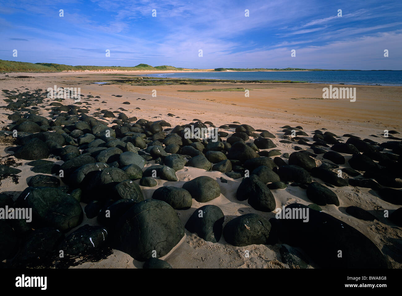 Der Sandstrand und Felsen am Embleton Bay, in der Nähe von Embleton, Northumberland Stockfoto