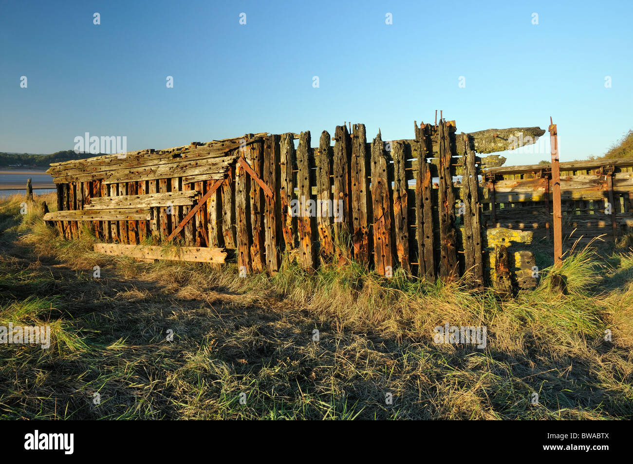 Reste der alten Holzschiff gestrandet im Purton zu verhindern, dass der Fluss Severn erodieren in Gloucester Schärfe Kanal Stockfoto