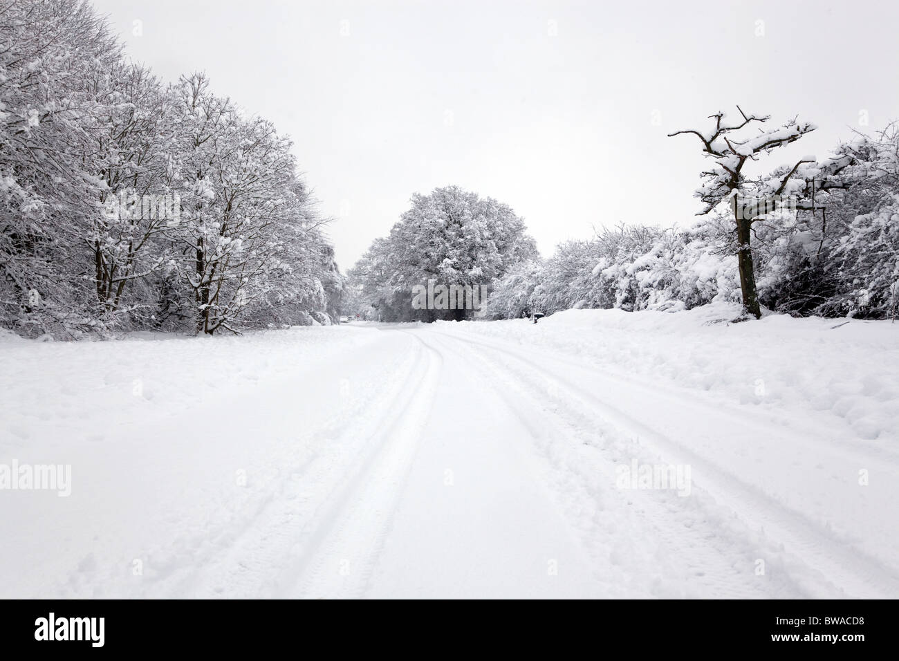 Reifenspuren im Schnee auf einer Landstraße in England Stockfoto