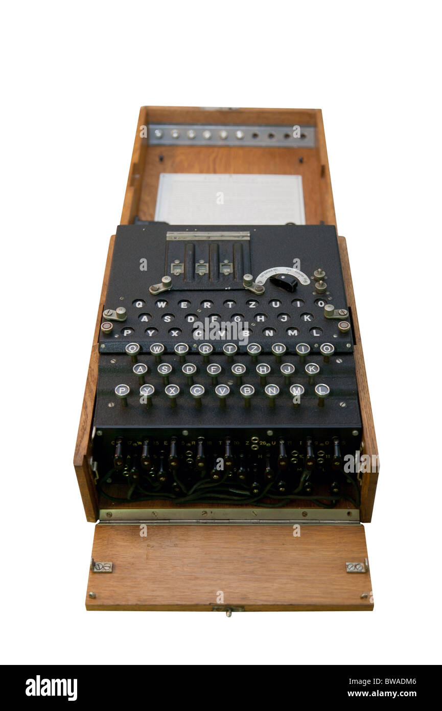 Teil einer Serie von vier Bildern ein Rätsel entschlüsseln Maschine in original Holzkiste. Stockfoto