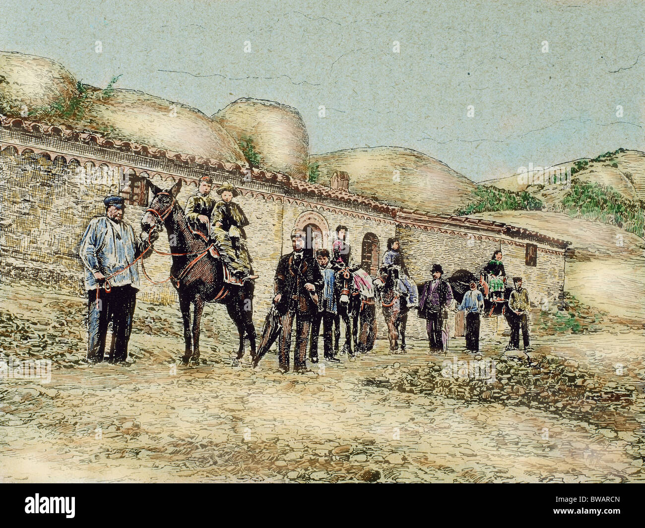 Wanderer im San Jeronimo. Montserrat. Katalonien. Spanien. Zeichnung von L. Urgelles. "Illustration." 1890. farbigen Gravur. Stockfoto