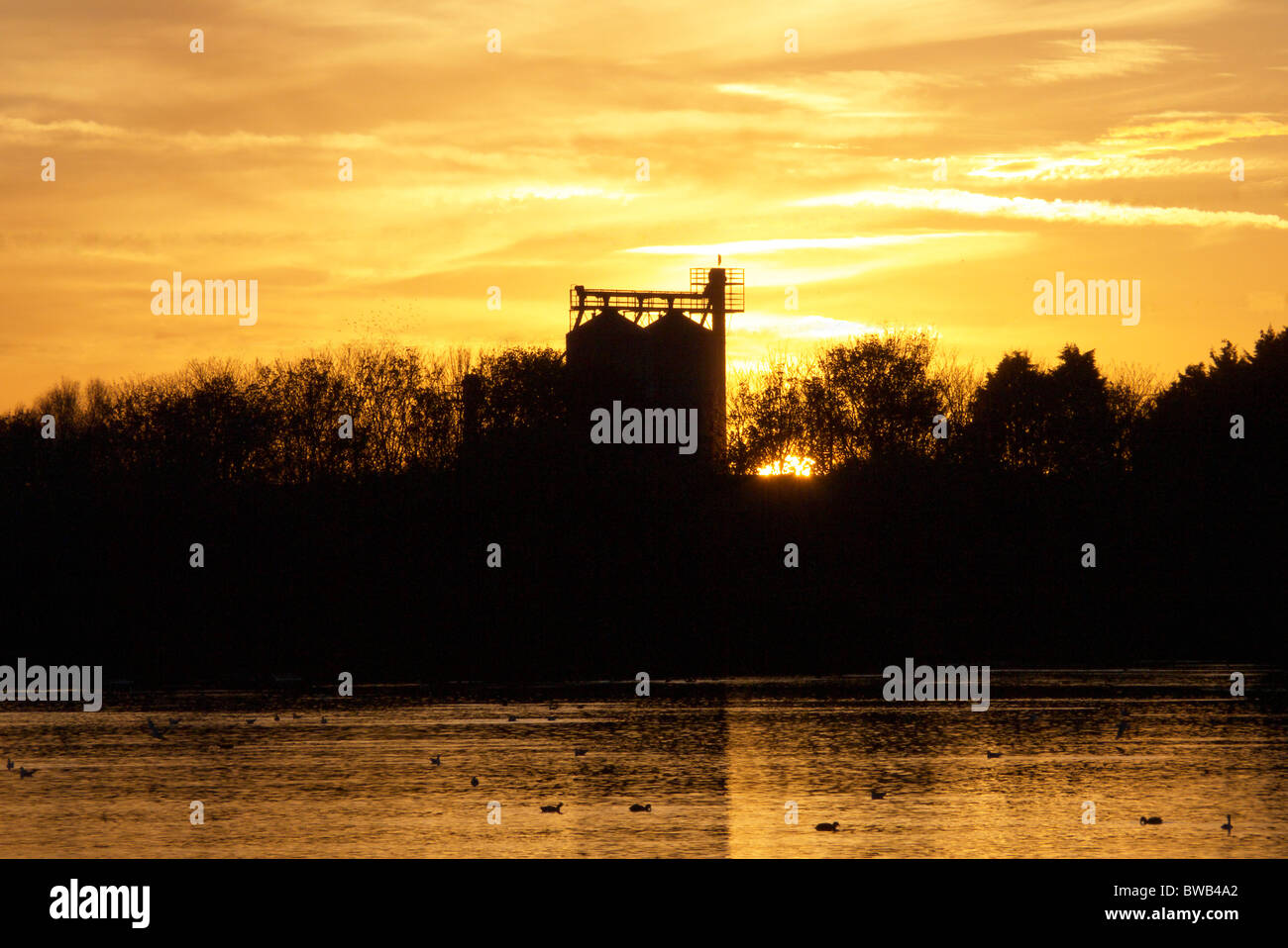 Sonnenuntergang hinter dem Bauernhof Stockfoto