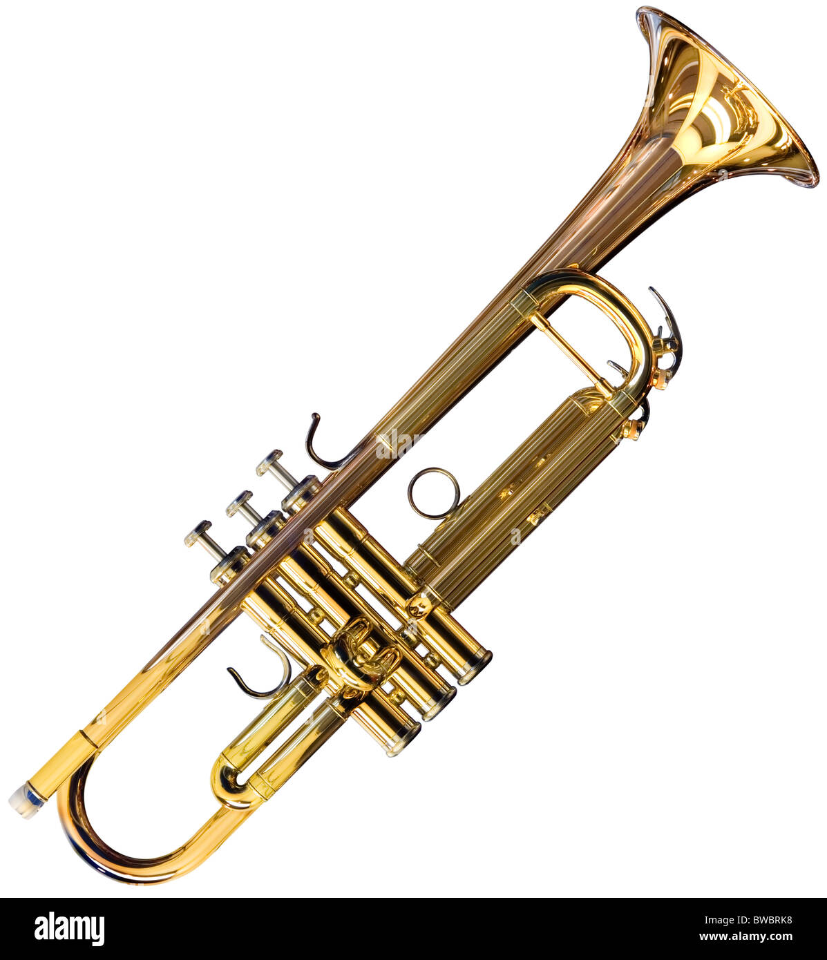 Goldene Trompete isoliert auf weißem Hintergrund mit Beschneidungspfad Stockfoto