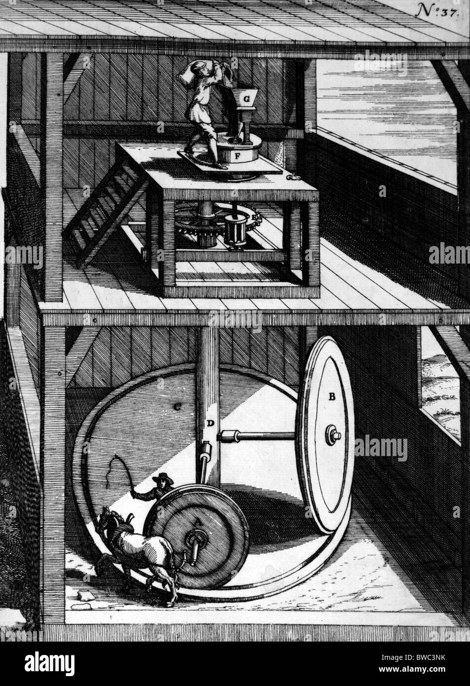 Illustration von Theatrum Machinarum Novum 1661 durch Georg Andreas Böckler; Ein Pferd angetriebenen Korn mahlen Apparat Stockfoto