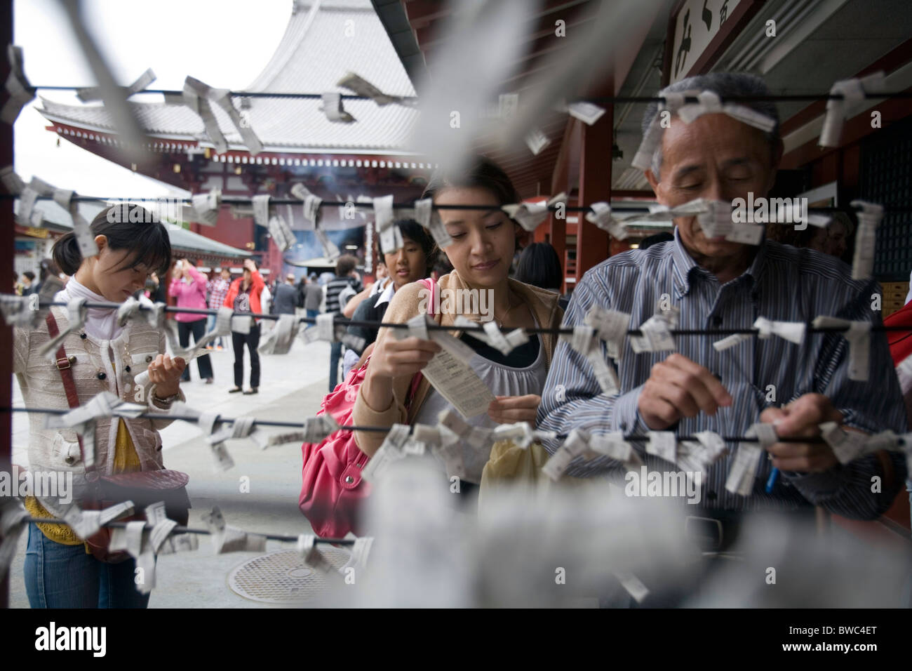 Leute lesen und binden Vermögen Papiere auf einem Gestell Senso-Ji-Schrein, Tokyo, Asakusa, Japan Stockfoto