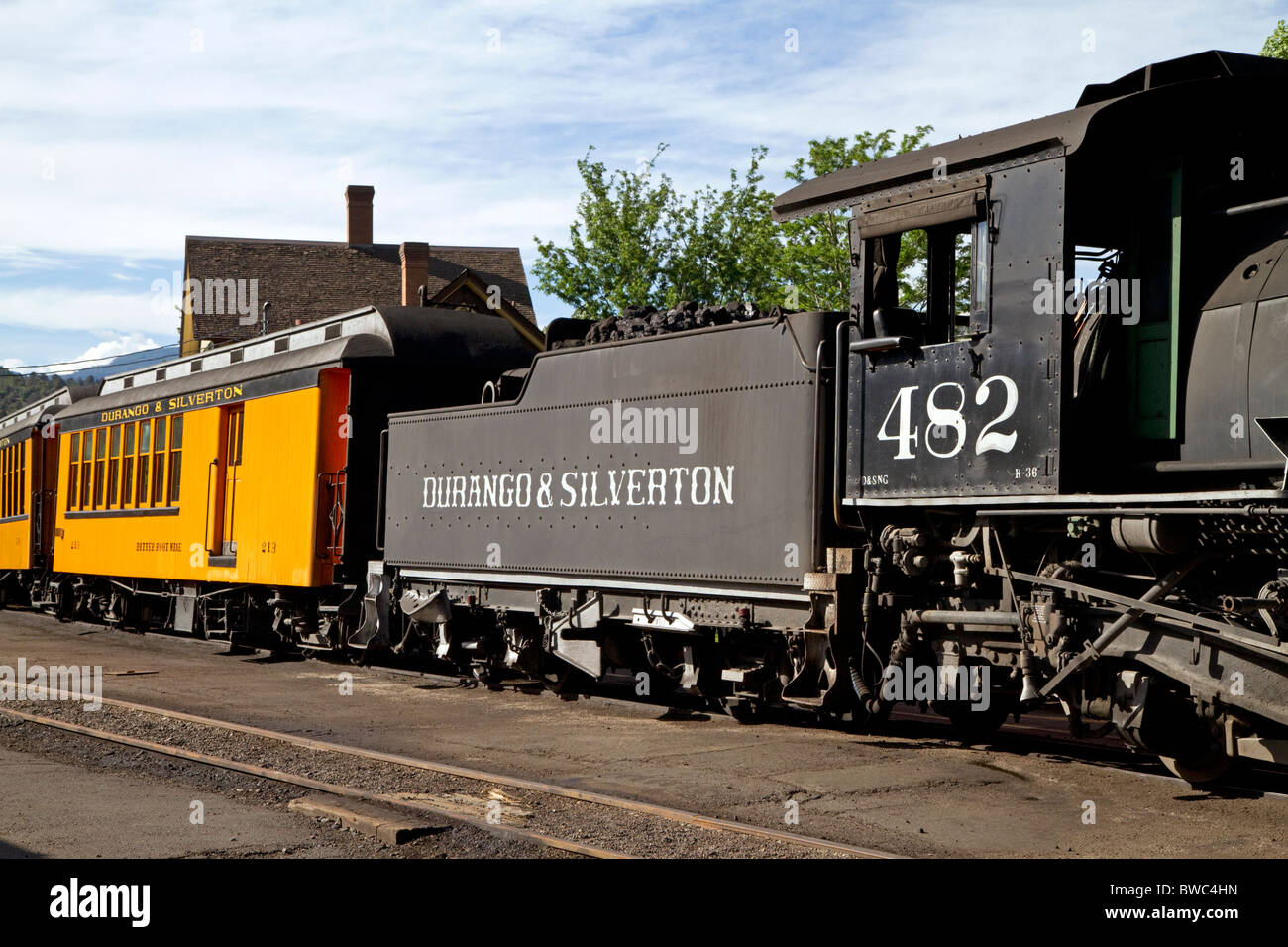 Dampflokomotive der Durango und Silverton Narrow Gauge Railroad befindet sich in Durango, Colorado, USA. Stockfoto