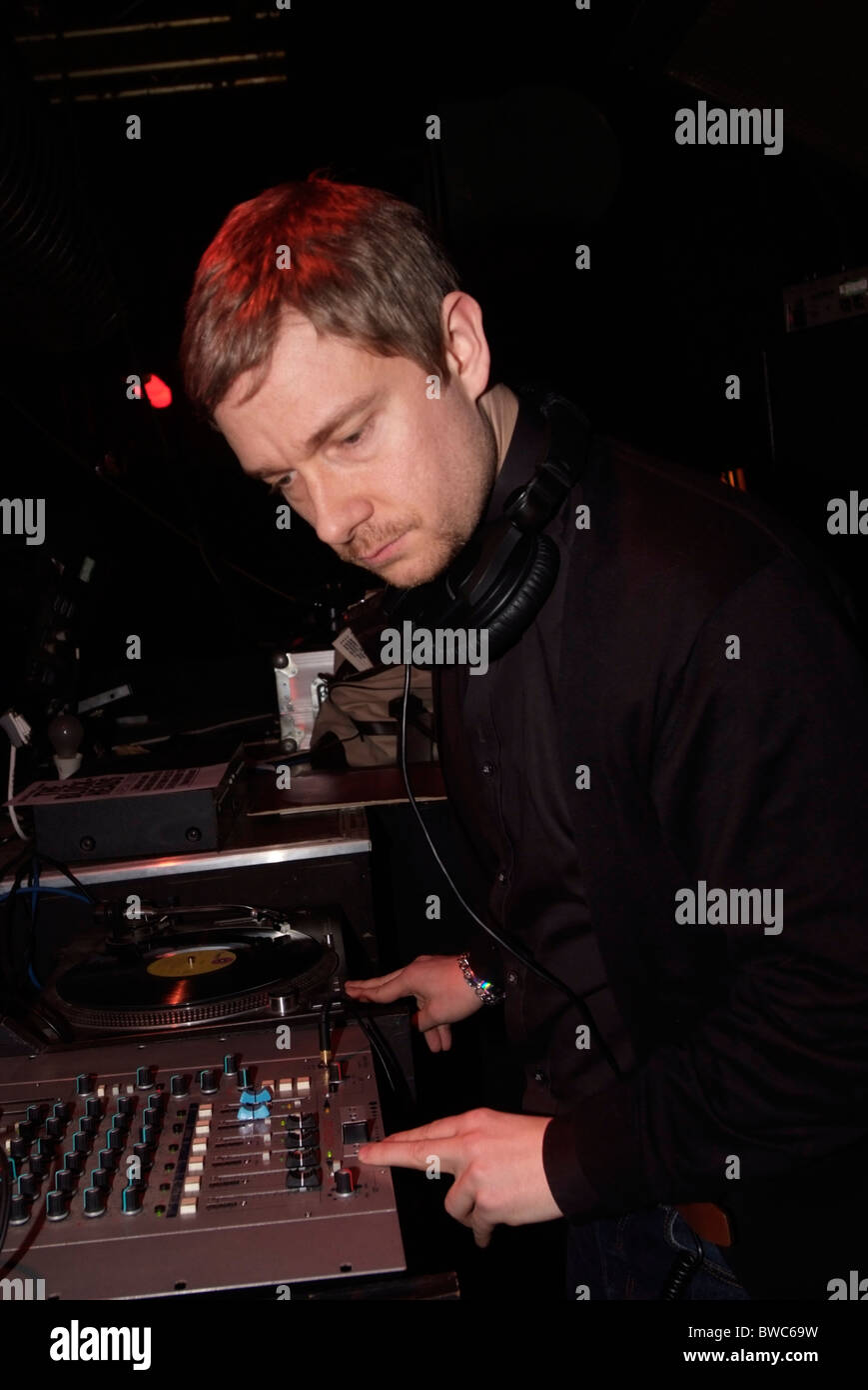 Schauspieler Martin Freeman, DJing in London Stockfoto