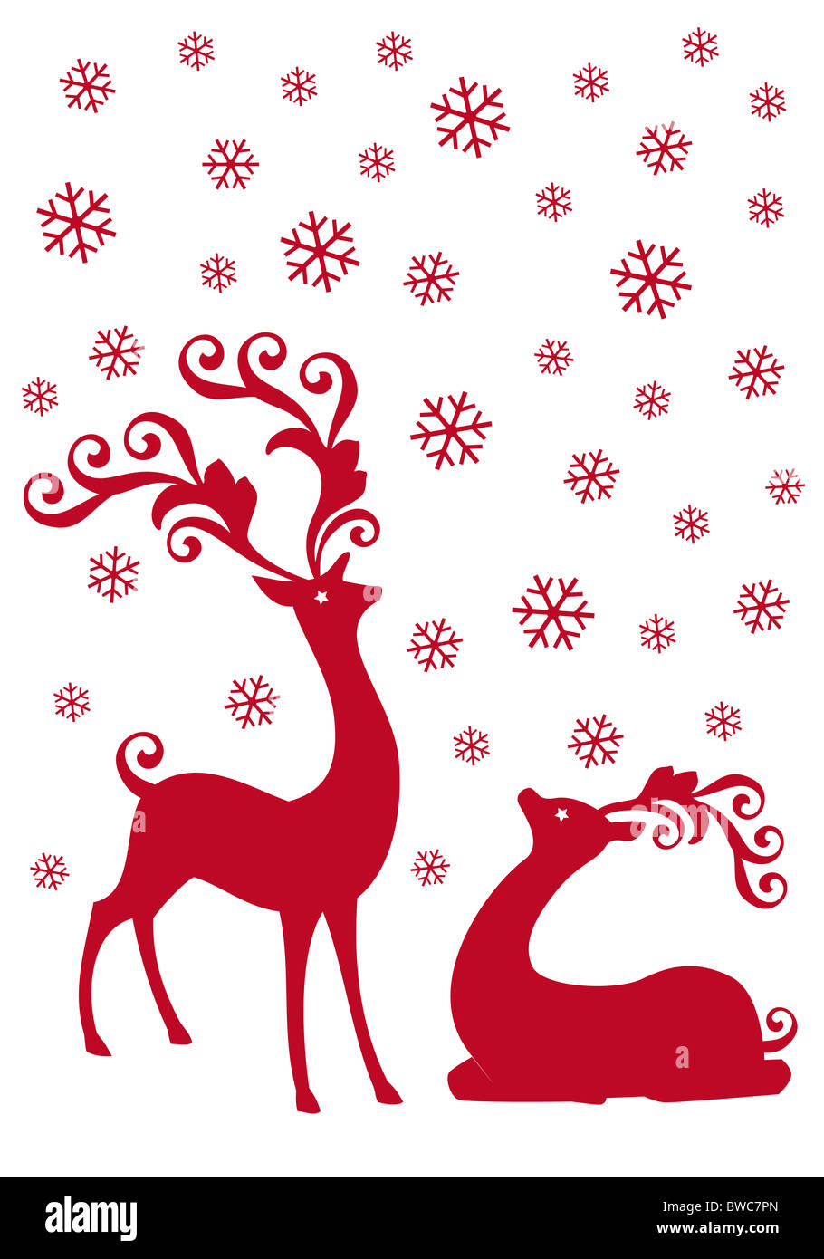 rote Rentier mit Schneeflocken, Weihnachten Hintergrund Stockfoto