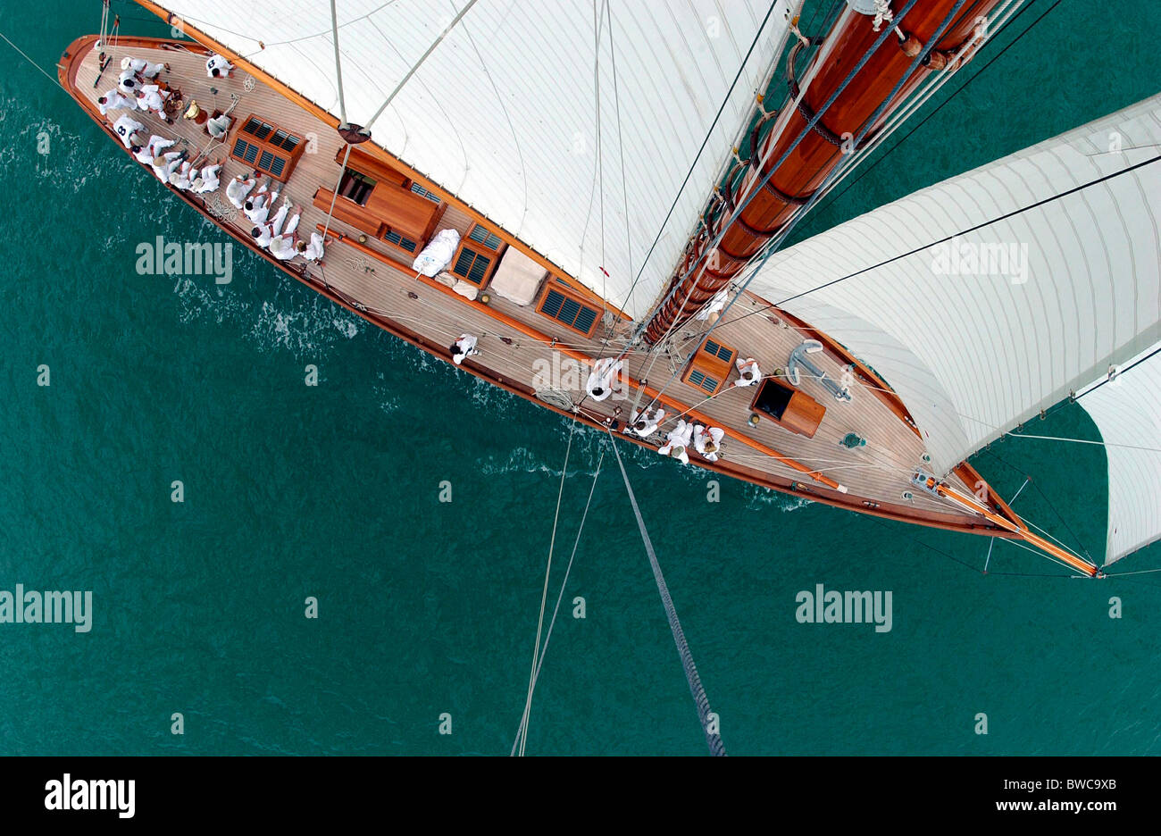 Blick von der Mast 'Moonbeam' auf ihrem Deck während der super-Yacht Regatta, Auckland, New Zealand, 11. Februar 200 Stockfoto