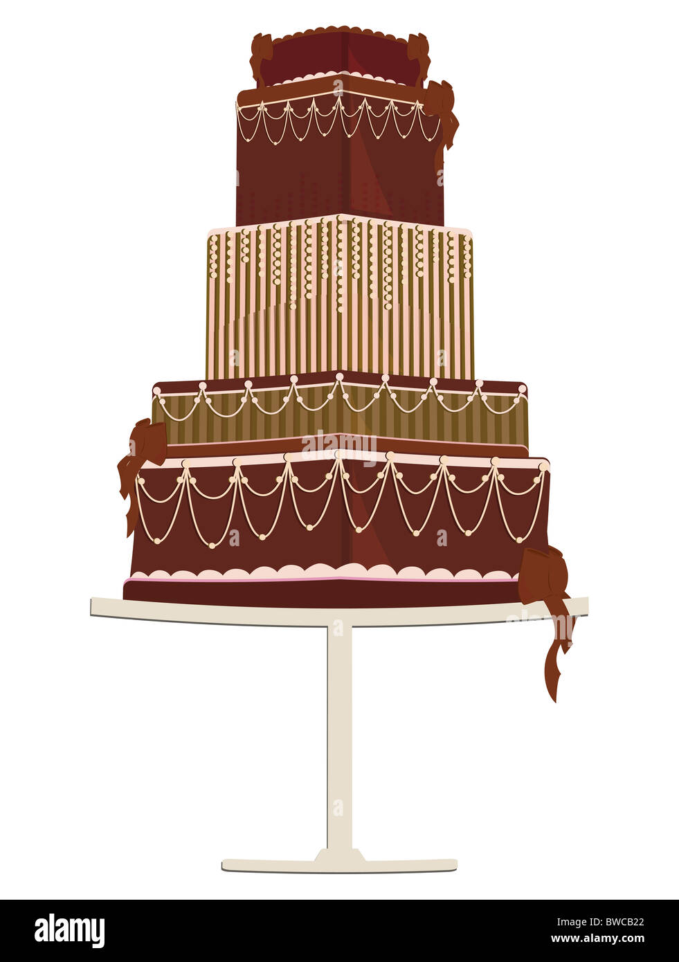 Abbildung einer mehrschichtigen Phantasie Schokoladenkuchen mit dekorativen Zuckerguss und Bögen auf eine Kuchenplatte Stockfoto
